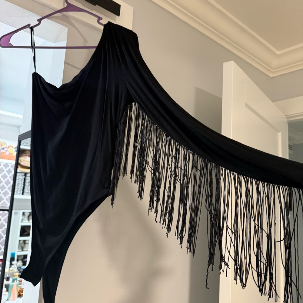 Black Fringe One-Shoulder Top